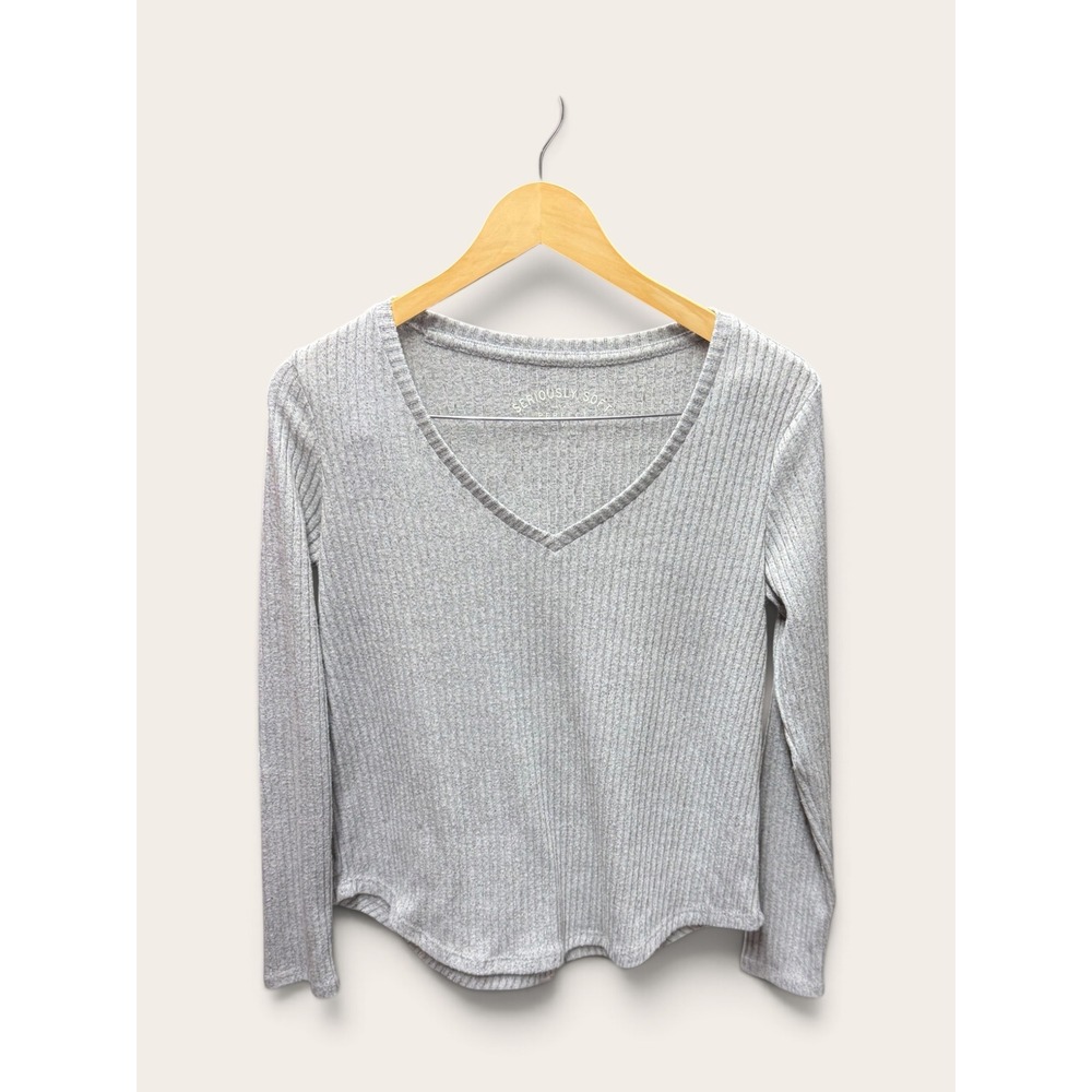 American Eagle Seriously Soft Ribbed V-Neck Long Sleeve Top Gray Size M